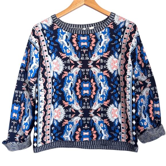 Moth Anthropologie Sweater Small Navy Blue Multicolor Ikat Tapestry Knit Boho - Picture 1 of 10